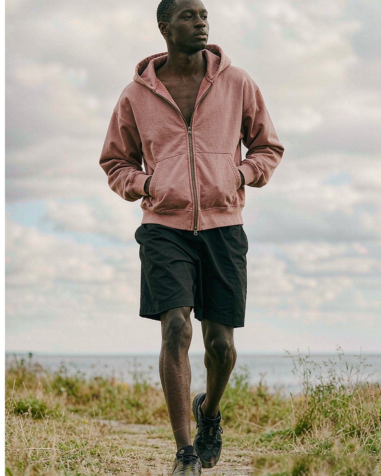 Boxy Hoodie in Dusty Pink worn by a model