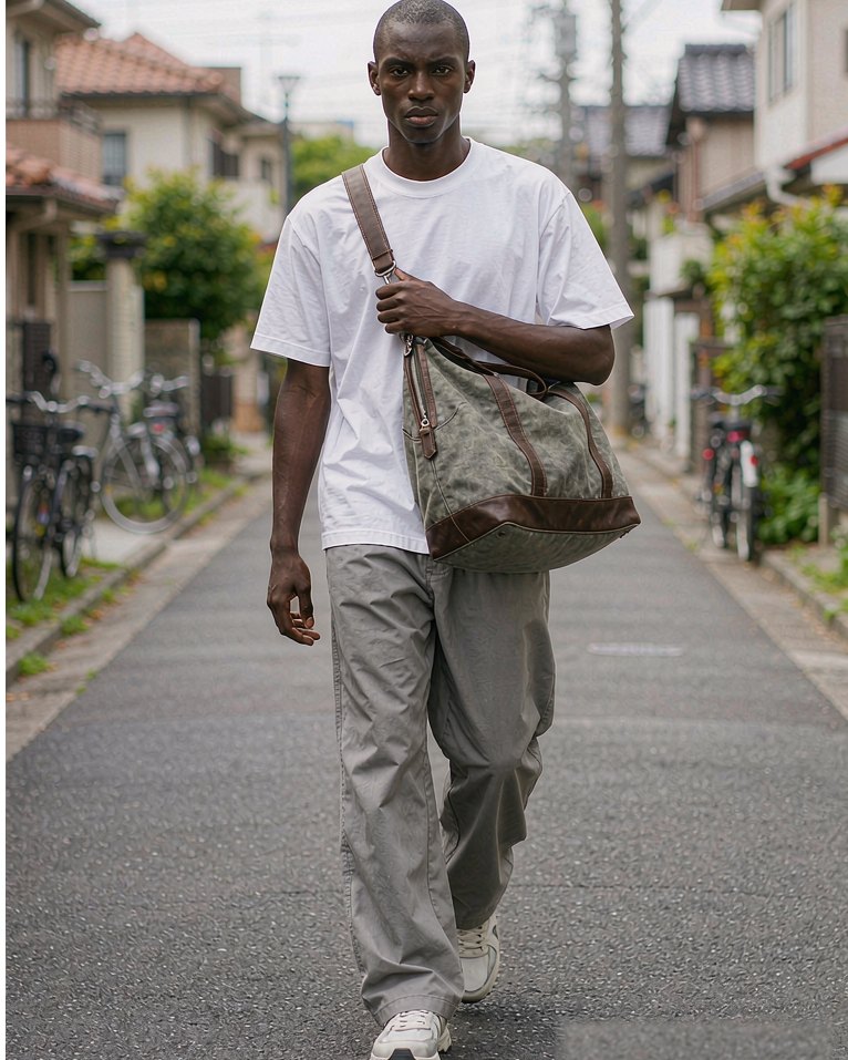 Canvas Holdall in Washed Green worn by a model