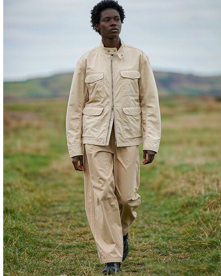 Chore Jacket in Ecru Drill worn by a model