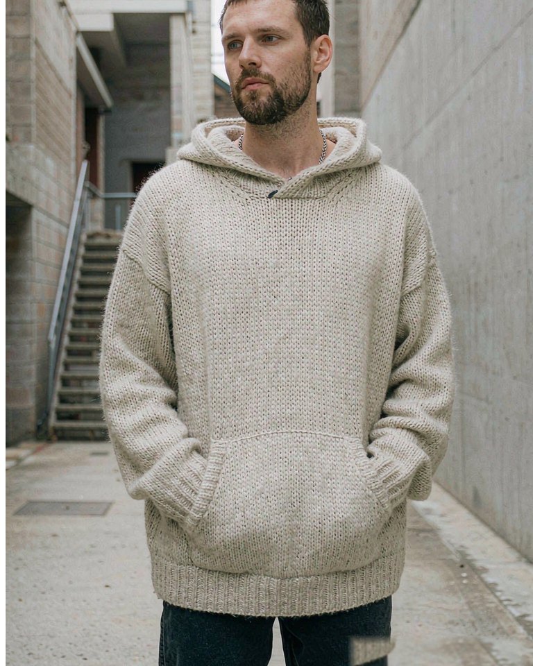 Knit Hoodie in Oatmeal Knit worn by a model