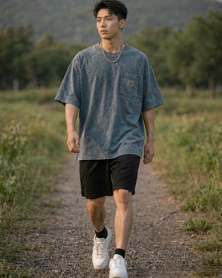 Pocket Tee in Dusty Blue worn by a model
