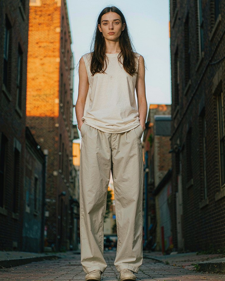 Wide Chino in Stone worn by a model
